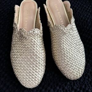 Jack Rogers gold woven mules.